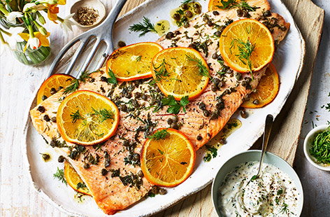 Image of "Roast salmon and capers with herb cream"