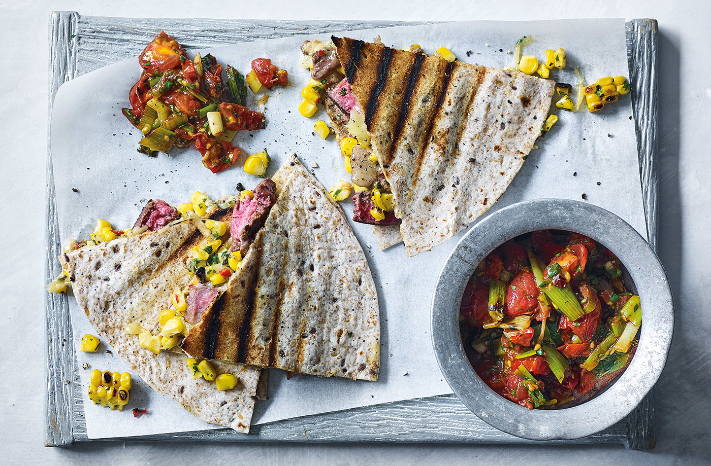 Steak quesadillas with charred tomato salsa