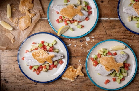 Image of "William Drabble's baked mackerel with salsa and fishy crisps"