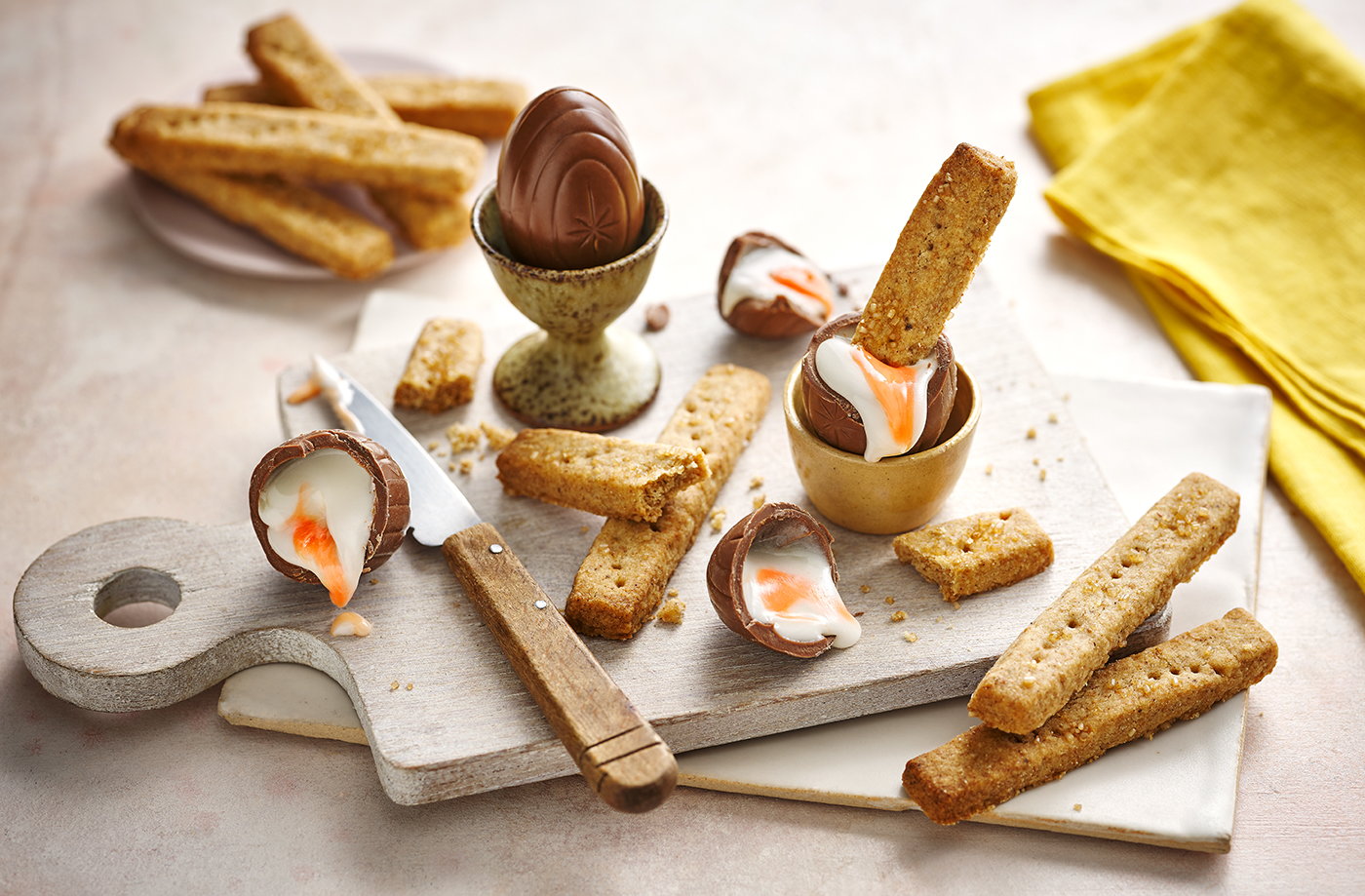 Chocolate ‘dippy eggs’ and brown butter shortbread soldiers