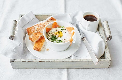 Image of "Creamy baked egg and smoked salmon pots"