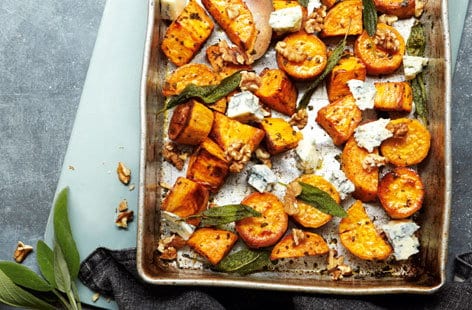 Image of "Roasted sweet potato with blue cheese, walnuts and sage"
