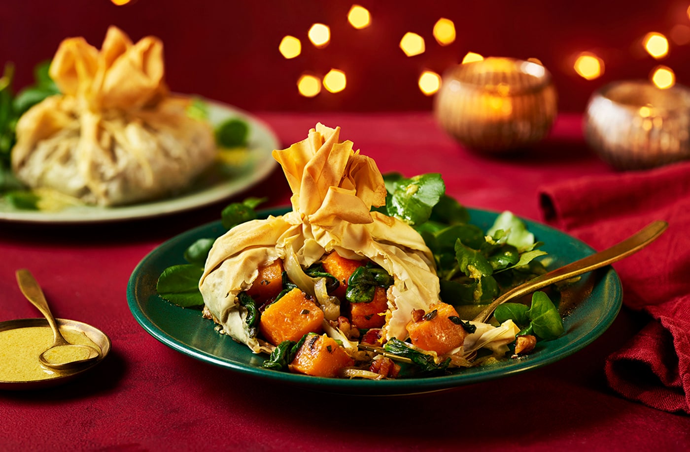 Butternut squash, sage and caramelised onion filo scrunch pies