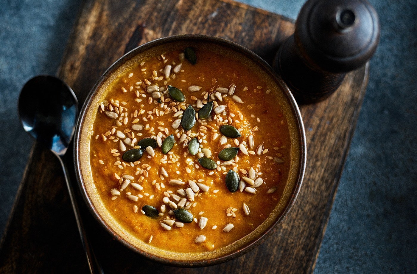 Roasted carrot and apple soup with toasted seeds