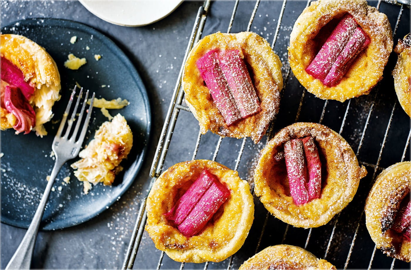 Rhubarb and custard Portuguese tarts