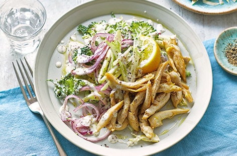 Image of "Lemon and garlic chicken strips with broccoli slaw"