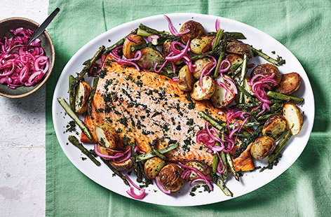 Image of "One-tray roasted salmon with spring veg"