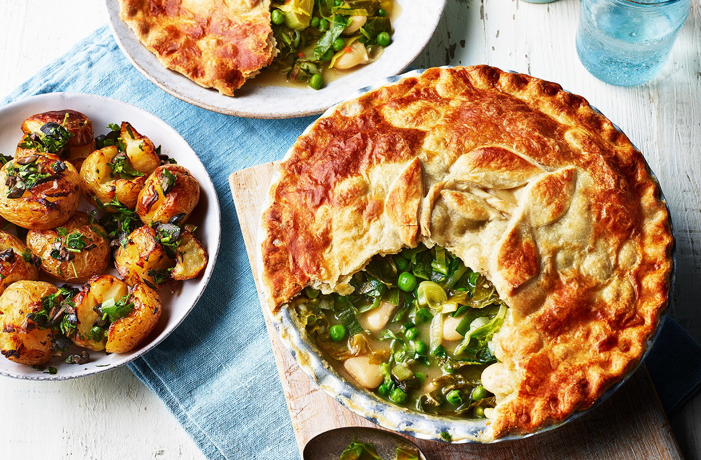 Spring greens and butter bean pot pie