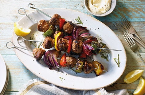 Image of "Meatball and Mediterranean vegetable kebabs"