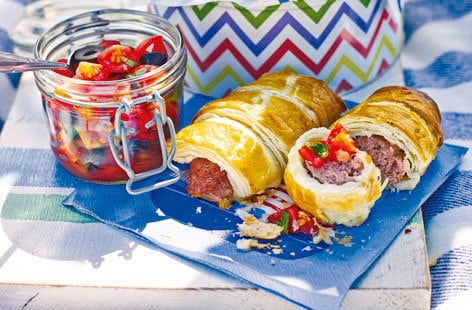 Image of "Sausage rolls with tomato and olive salsa"