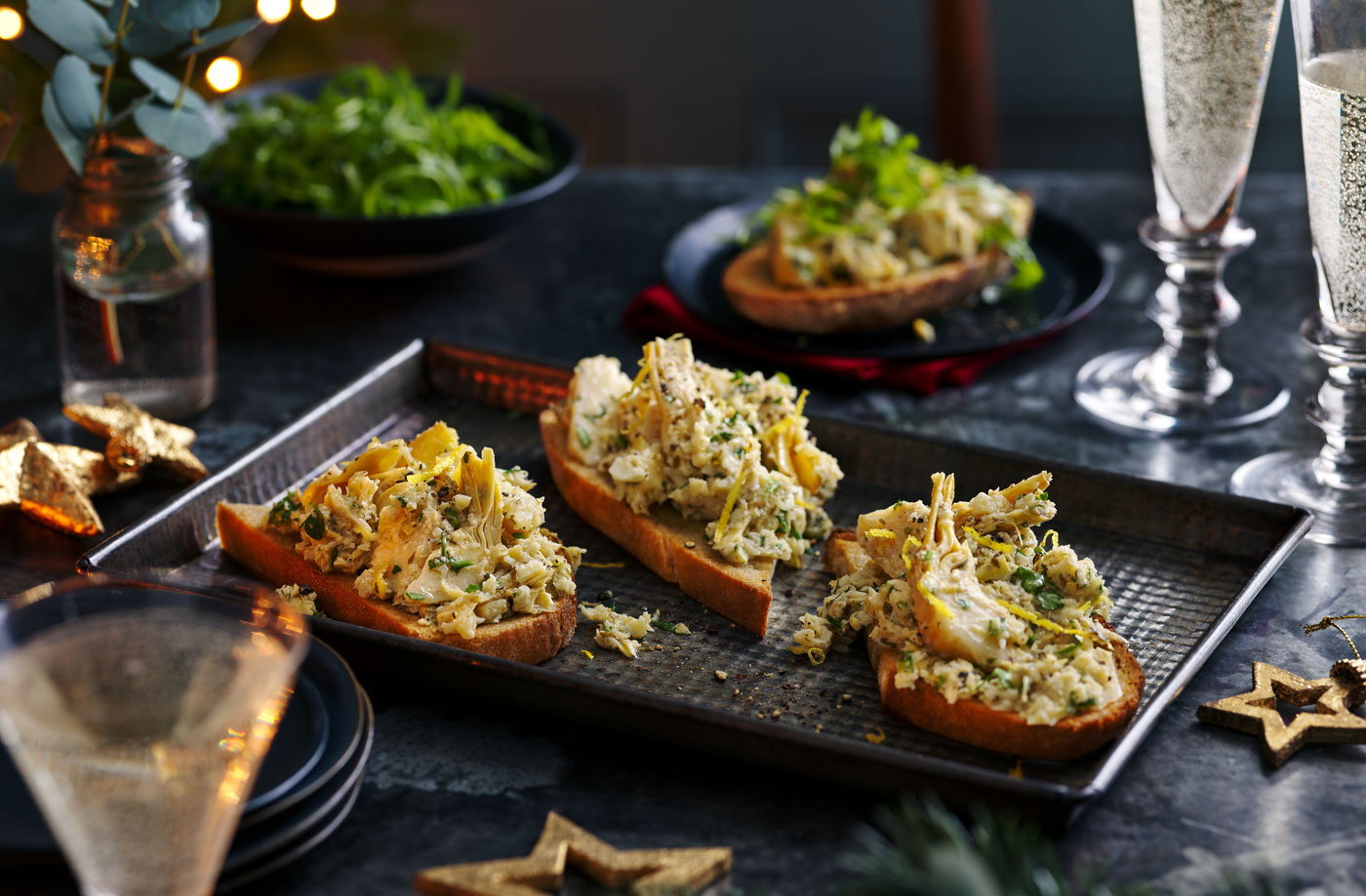 Warm artichoke bruschetta