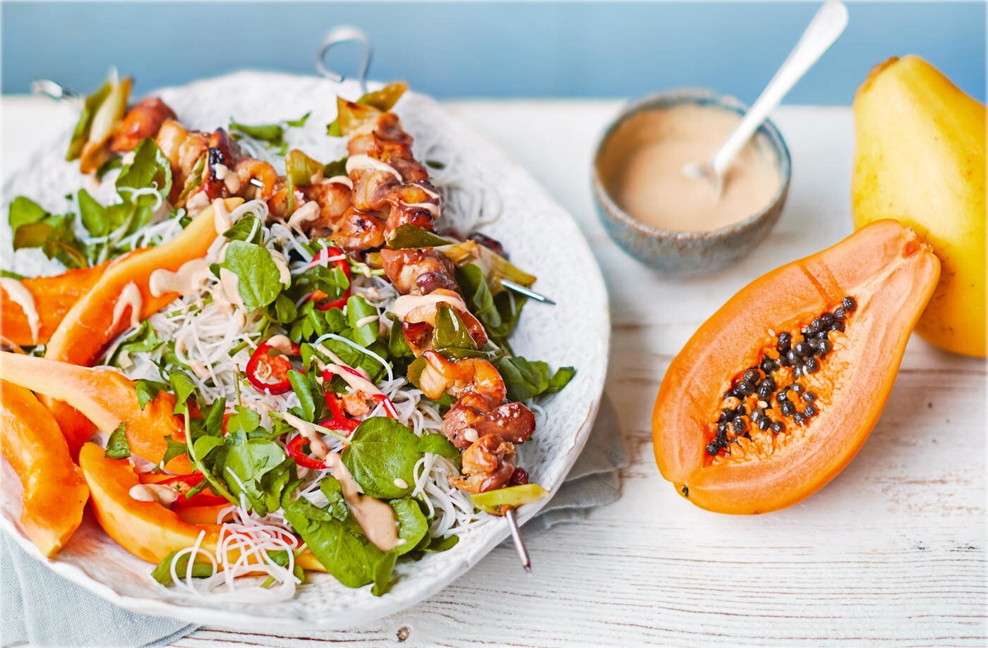 Caramelised chicken and papaya satay noodles