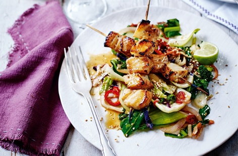 Image of "Miso-cod skewers with sesame greens"