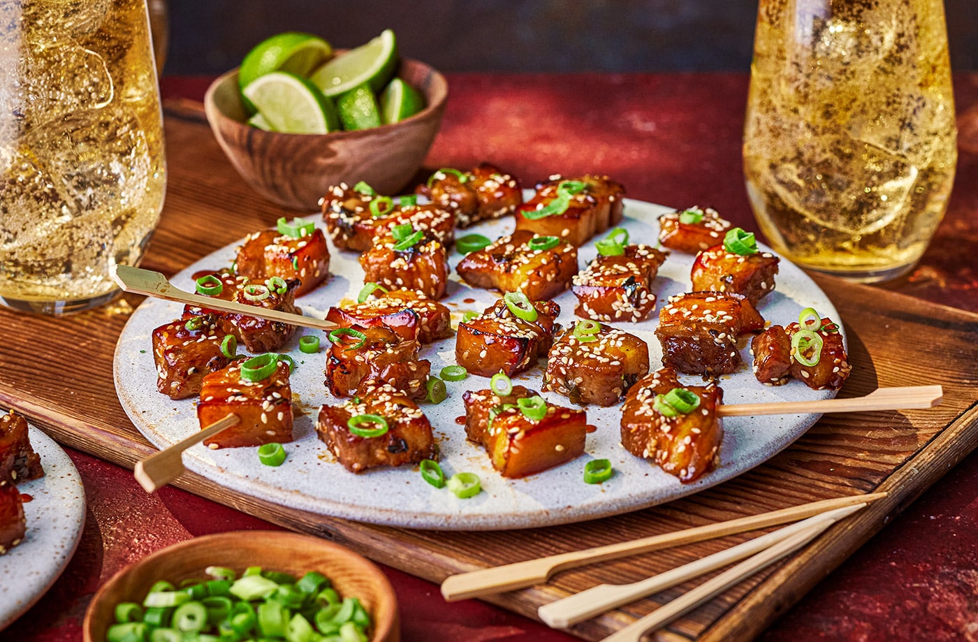 Glazed pork belly bites