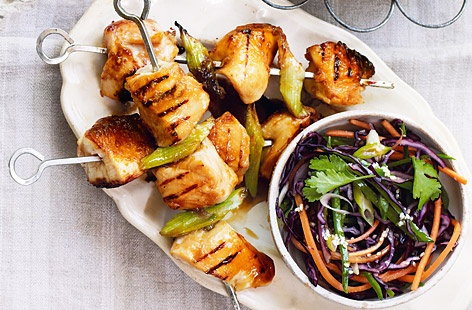 Image of "Honey-glazed chicken skewers with Asian slaw"