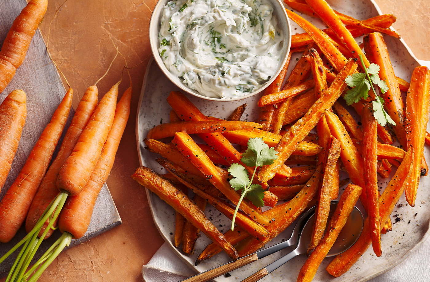 Carrot fries with coriander and coconut yogurt dip