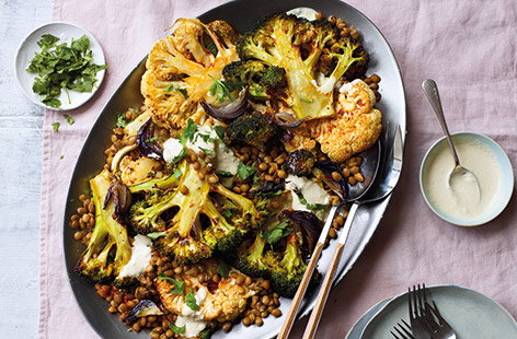 Image of "Roasted broccoli and cauliflower with harissa lentils"