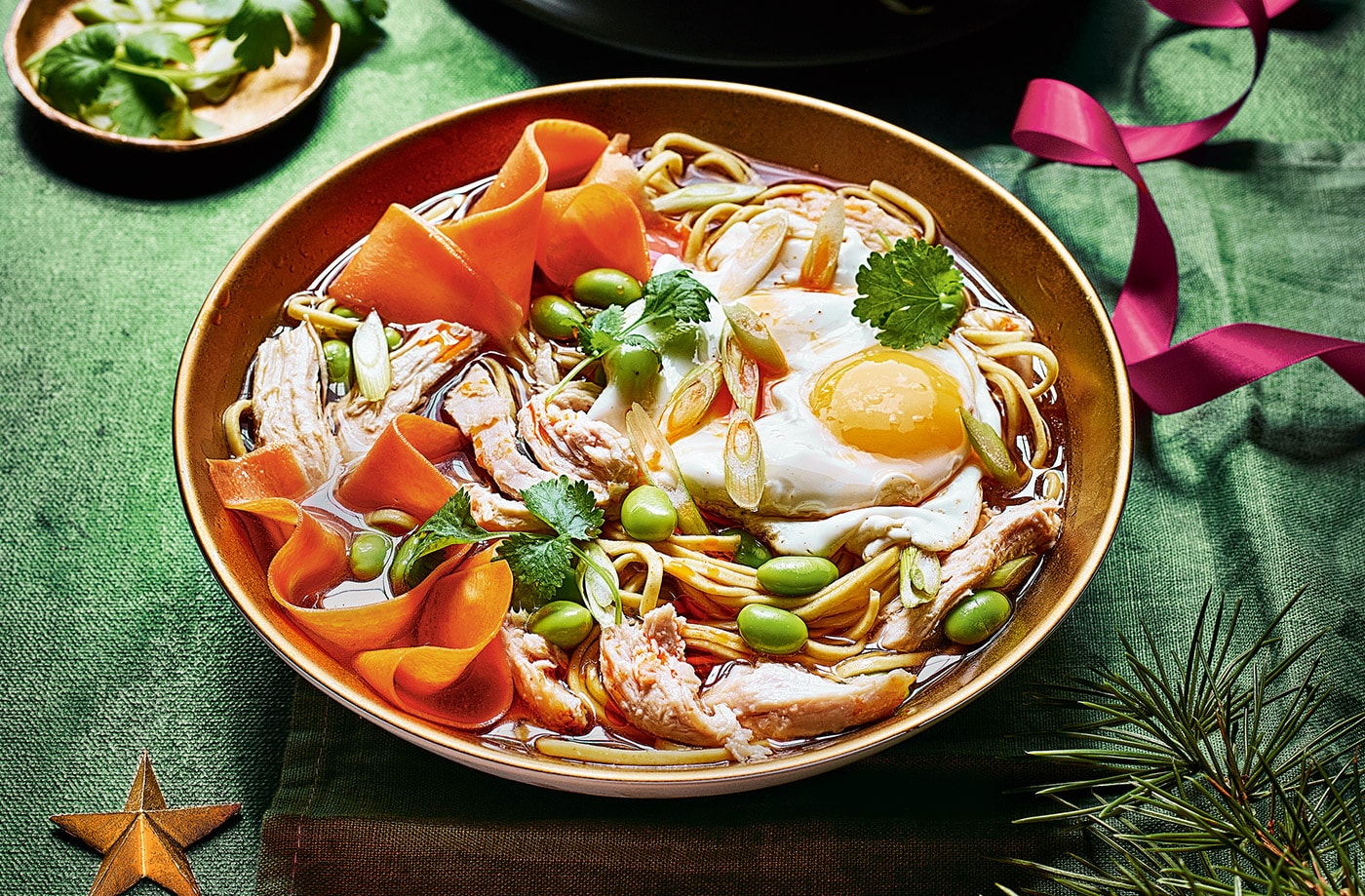 Turkey ramen with chilli-oil fried eggs