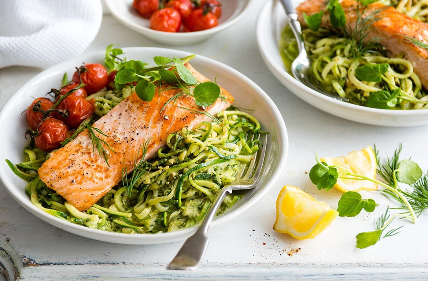 Salmon and courgetti with watercress and dill pesto