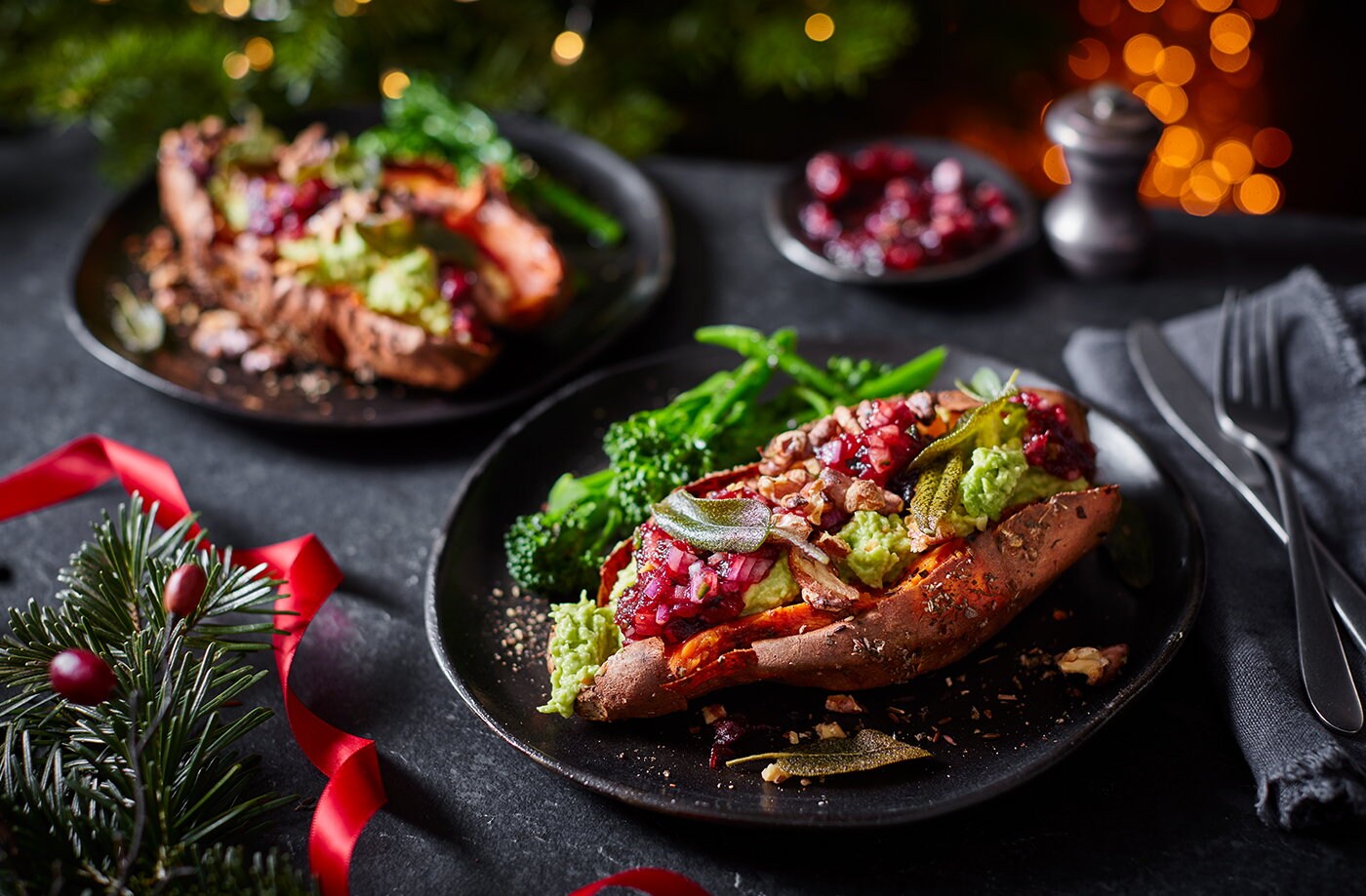 Chilli and sage baked sweet potatoes with cranberry relish