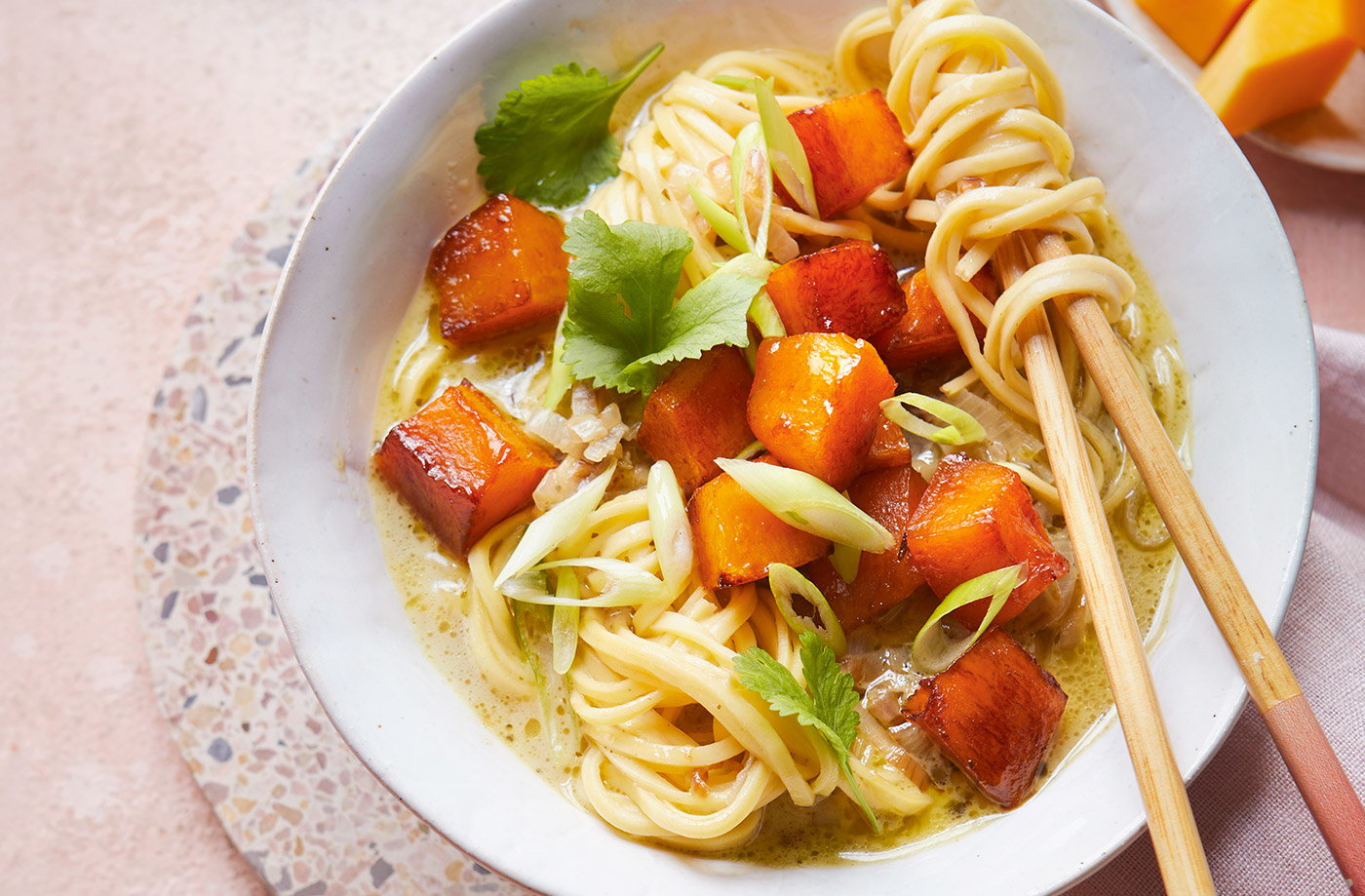 Sticky roasted squash and noodle soup