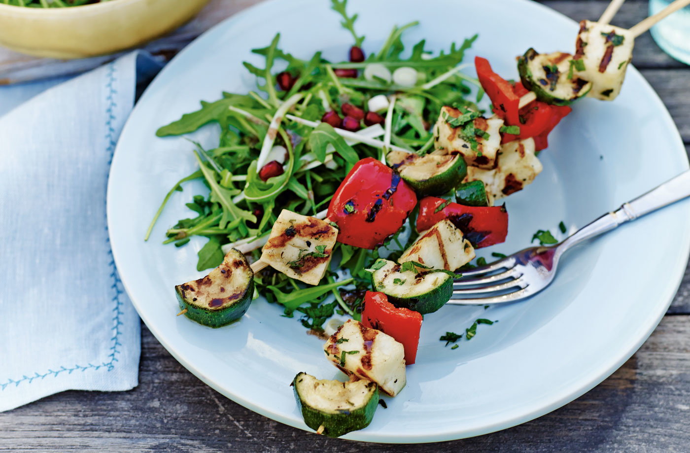 Chargrilled halloumi & vegetable skewers