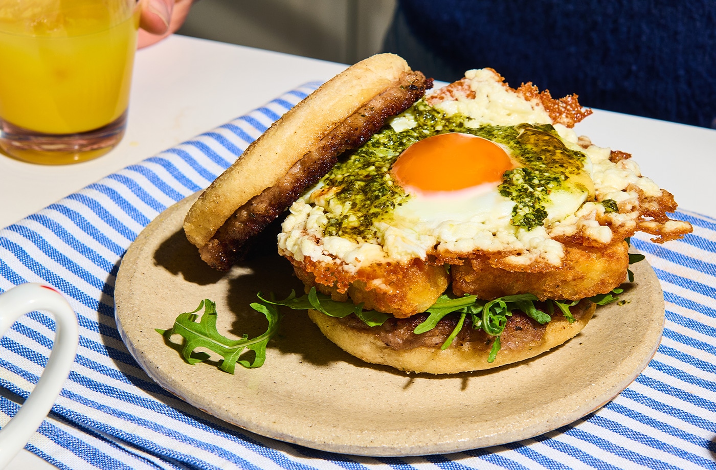 Pesto feta fried egg breakfast muffin