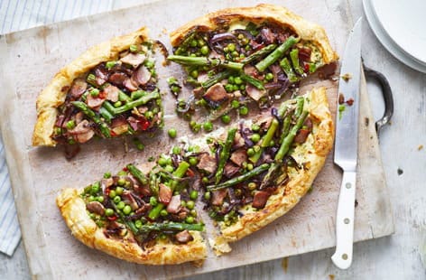 Image of "Spring galette with peas, bacon, asparagus, cheese and chilli"