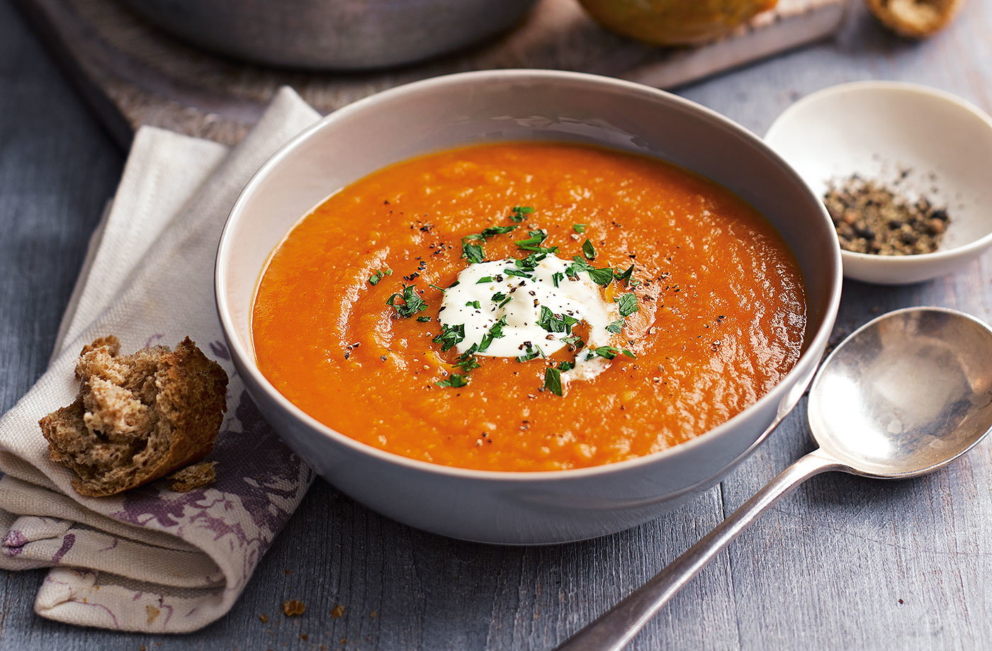 Spiced veg soup with crème fraîche