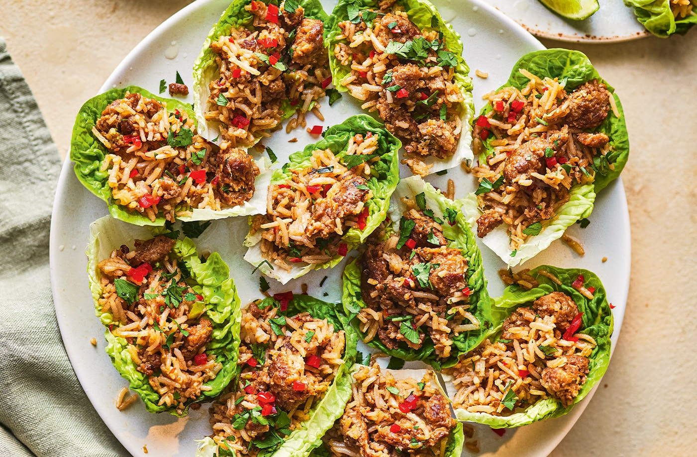 Plant-based mince and rice lettuce cups