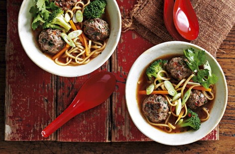 Image of "Thai-style meatballs in a noodle and vegetable broth"