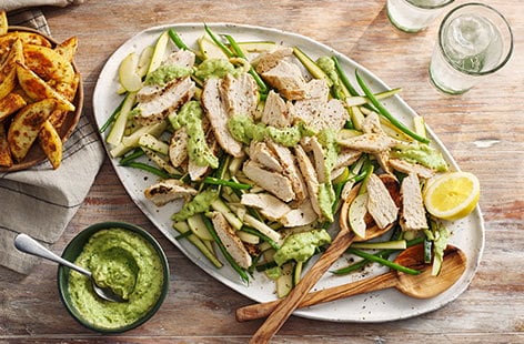 Image of "Dina’s gyros-style chicken salad with roasted courgette dip"