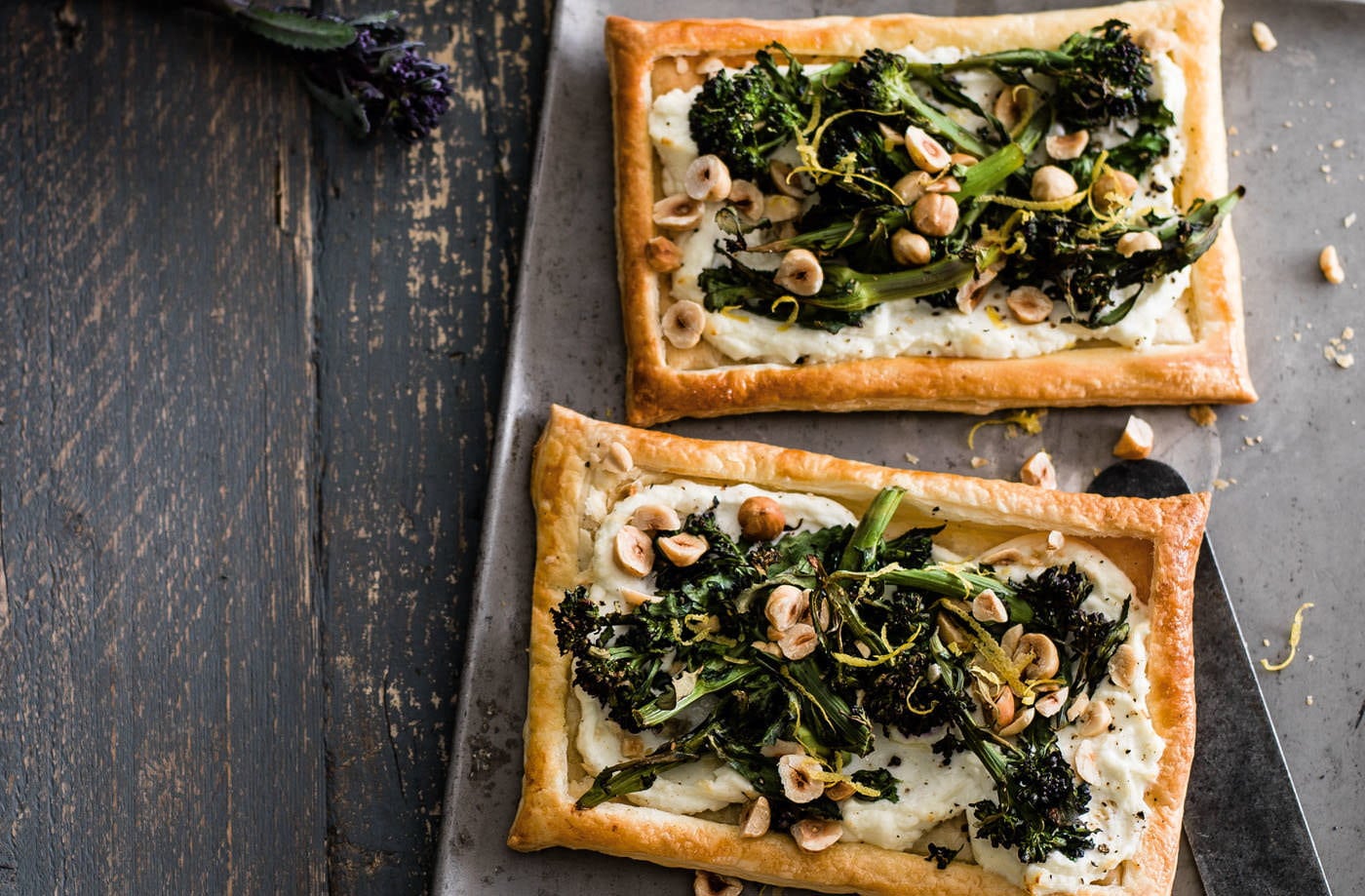 Purple sprouting broccoli, goat's cheese and hazelnut tarts
