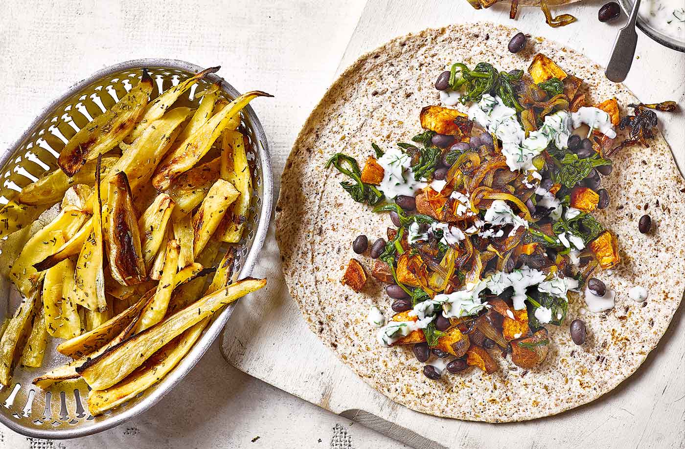 Black bean and sweet potato wraps with parsnip chips