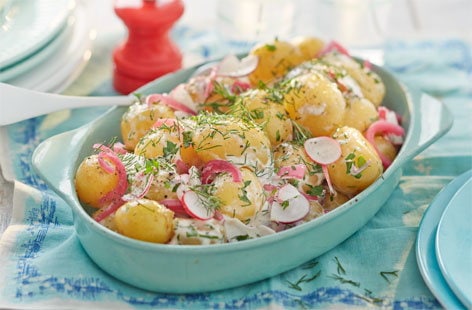 Image of "Scandi potato salad with radish and quick-pickled red onion"