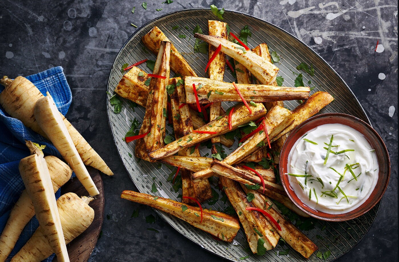 Spiced roast parsnips with zesty yogurt