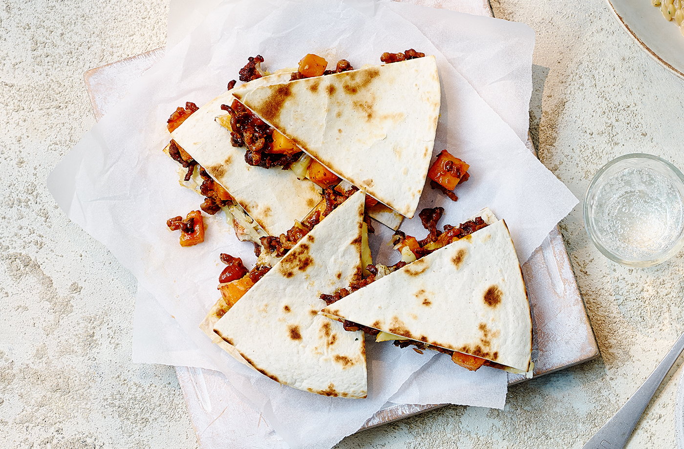 Sweet potato and beef quesadillas