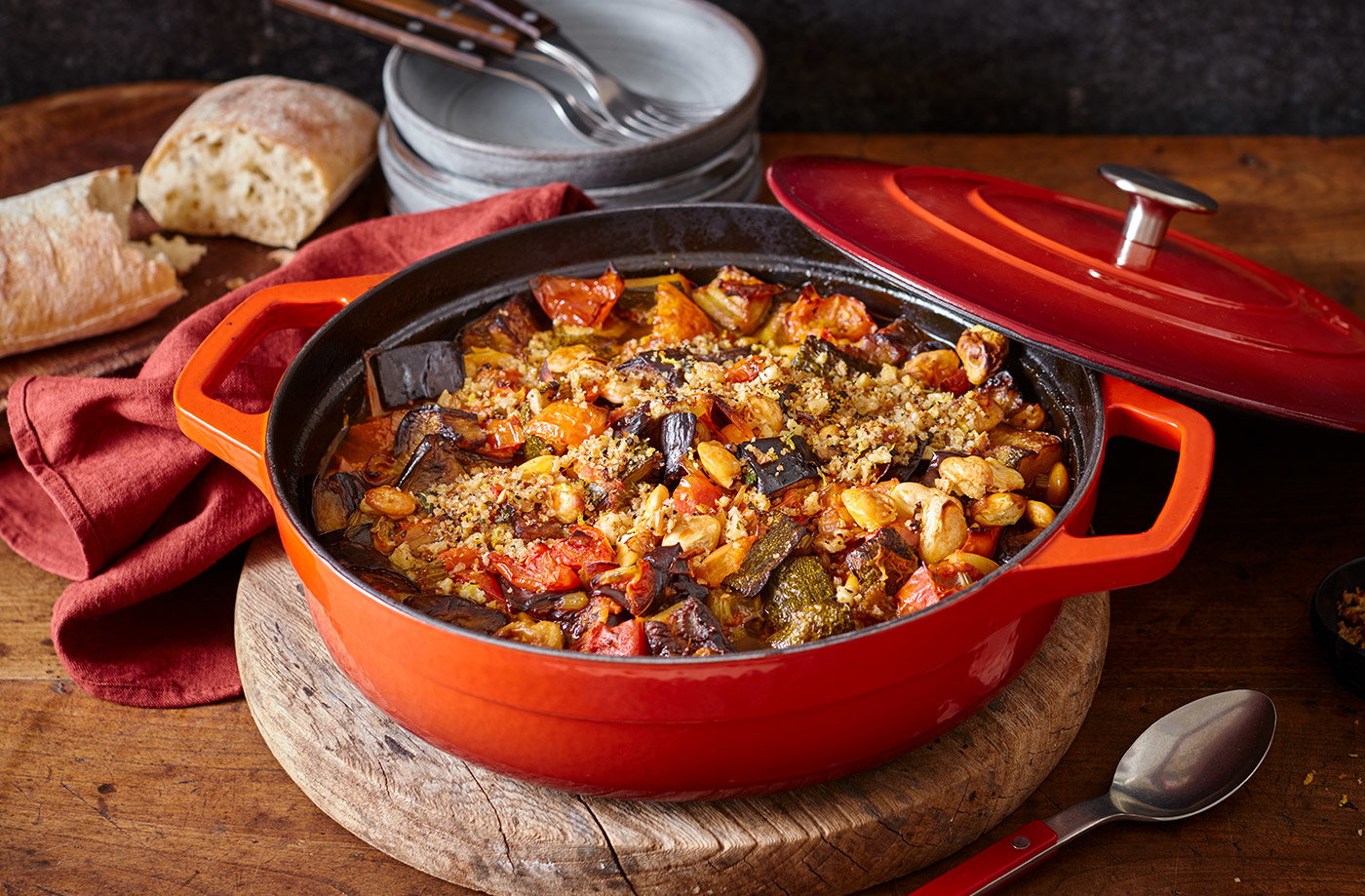 Aubergine and butter bean stew with walnut pangrattato