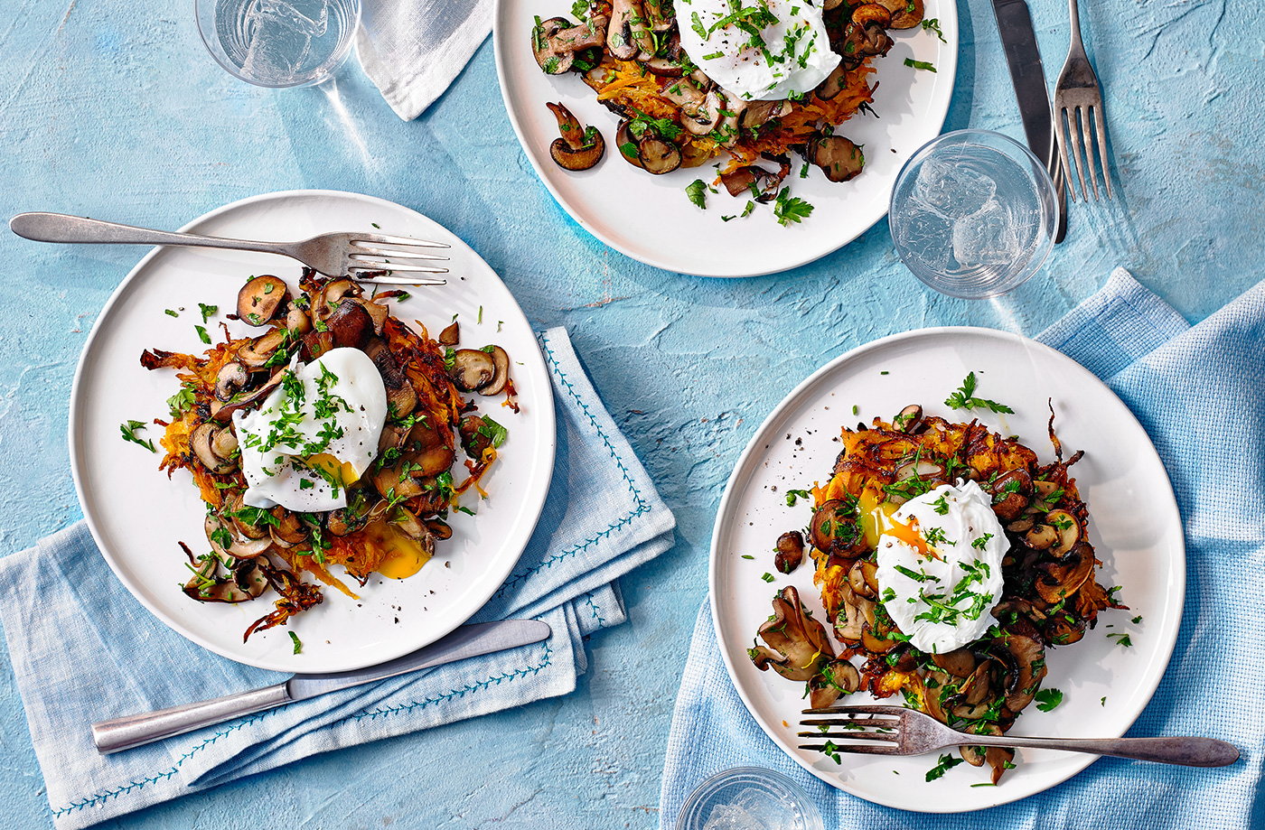 Sweet potato rosti with mushrooms and poached egg