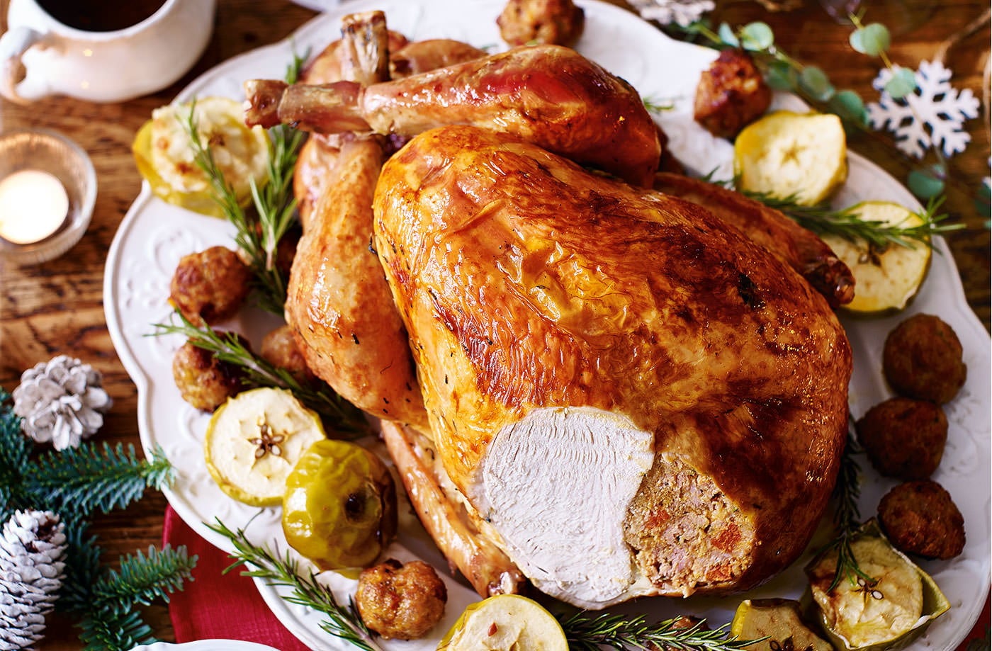 Turkey with chorizo and rosemary stuffing and cider gravy