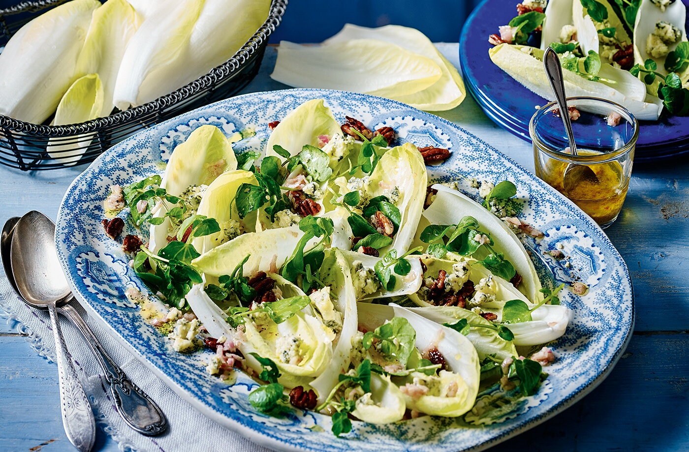 Chicory with blue cheese, watercress and sugared pecans