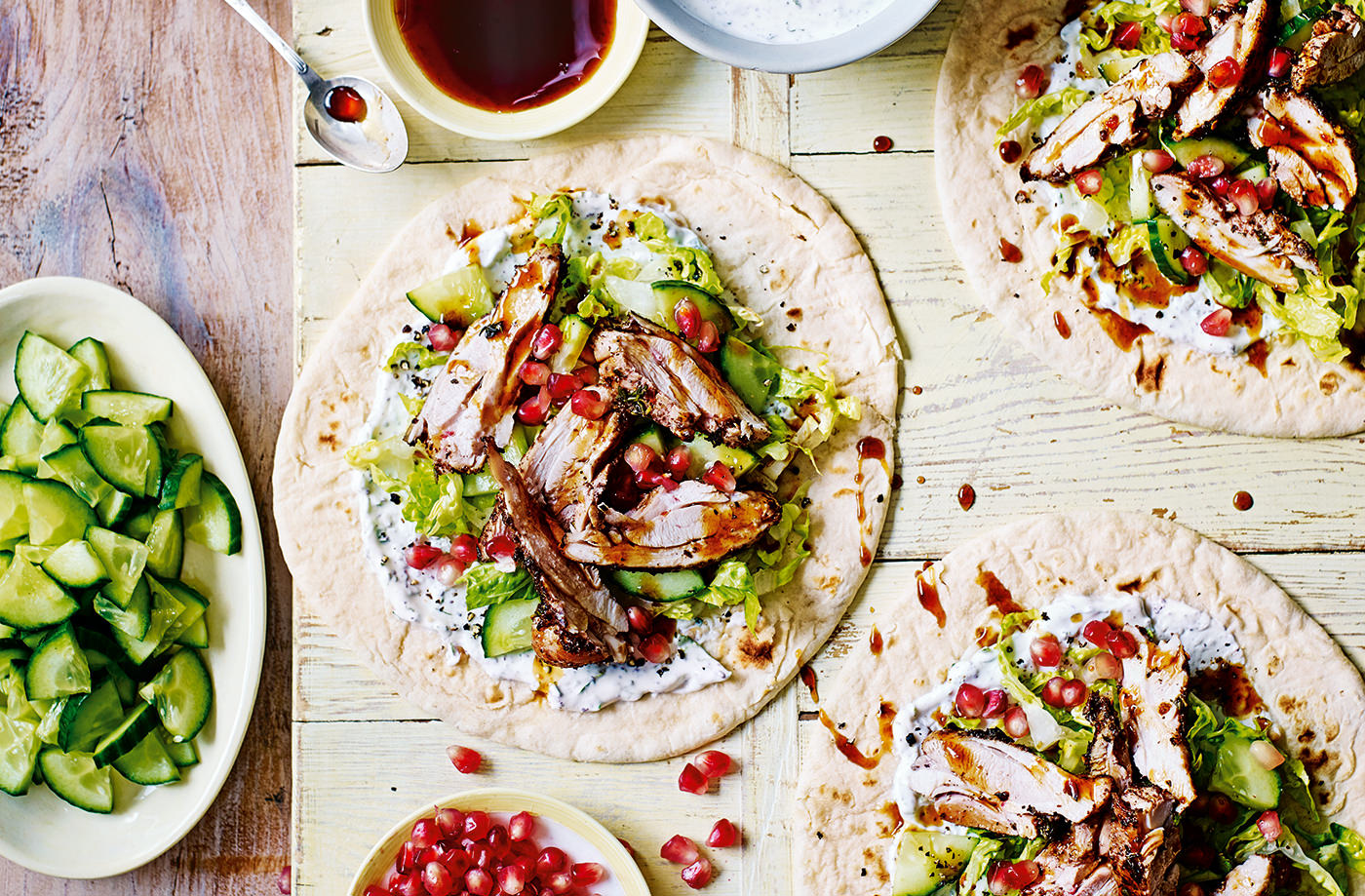 Chicken shawarma flatbreads with yogurt
