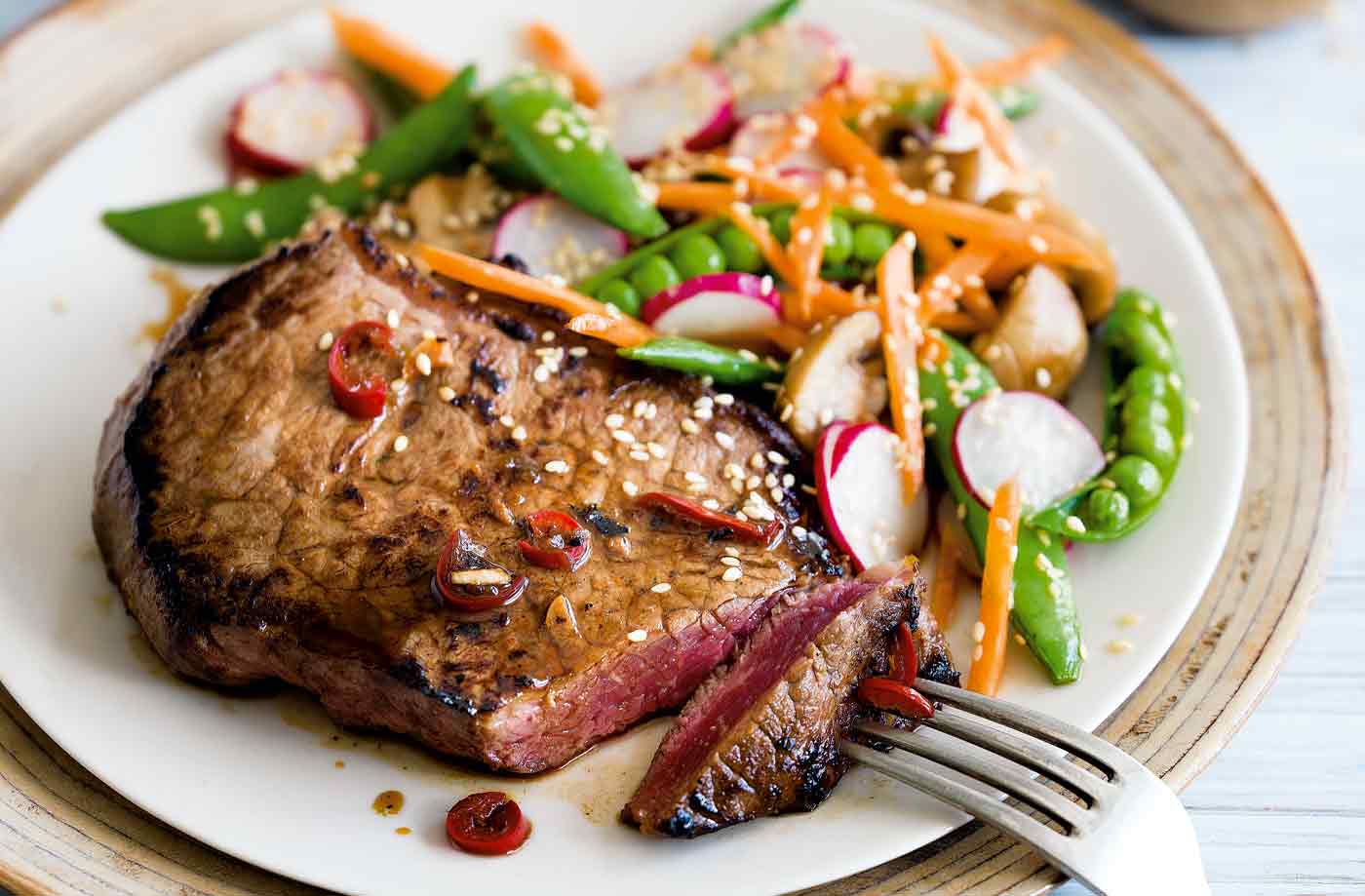 Lime, soy and sesame steak with mushrooms and sugarsnap peas