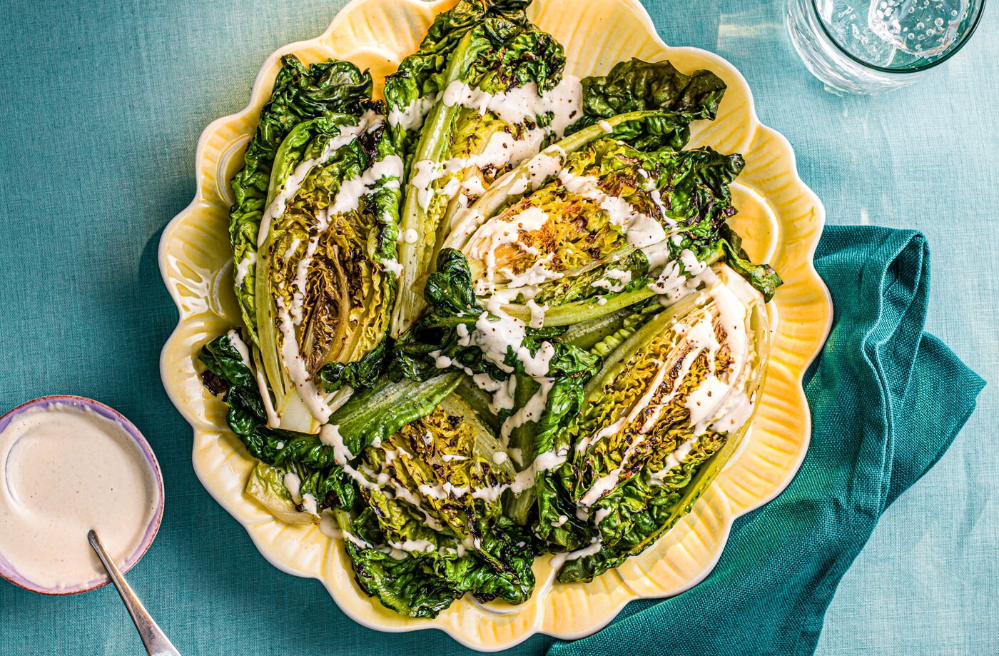 Charred little gems with tahini yogurt sauce