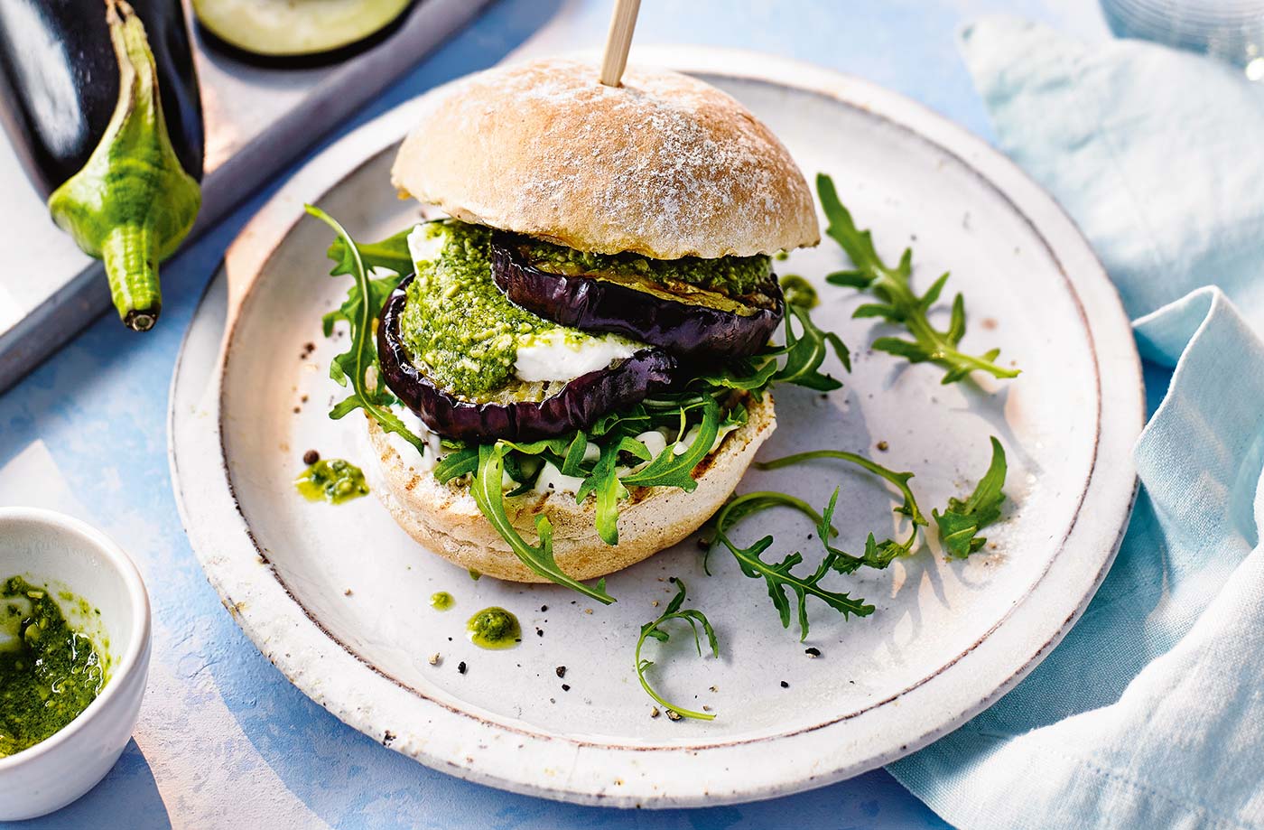 RFO 1400x919 Aubergine, pesto & goat's cheese burgers