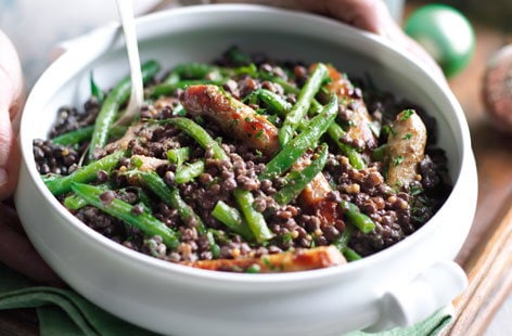Image of "Puy lentils with chipolatas, green beans and sweet mustard dressing"