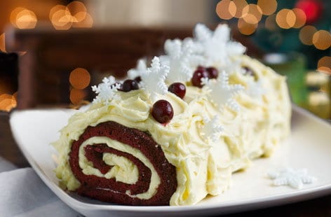 Image of "Red velvet bûche de Noël with boozy cranberries"
