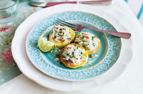 Image of "Spring onion blinis with crab and chilli"