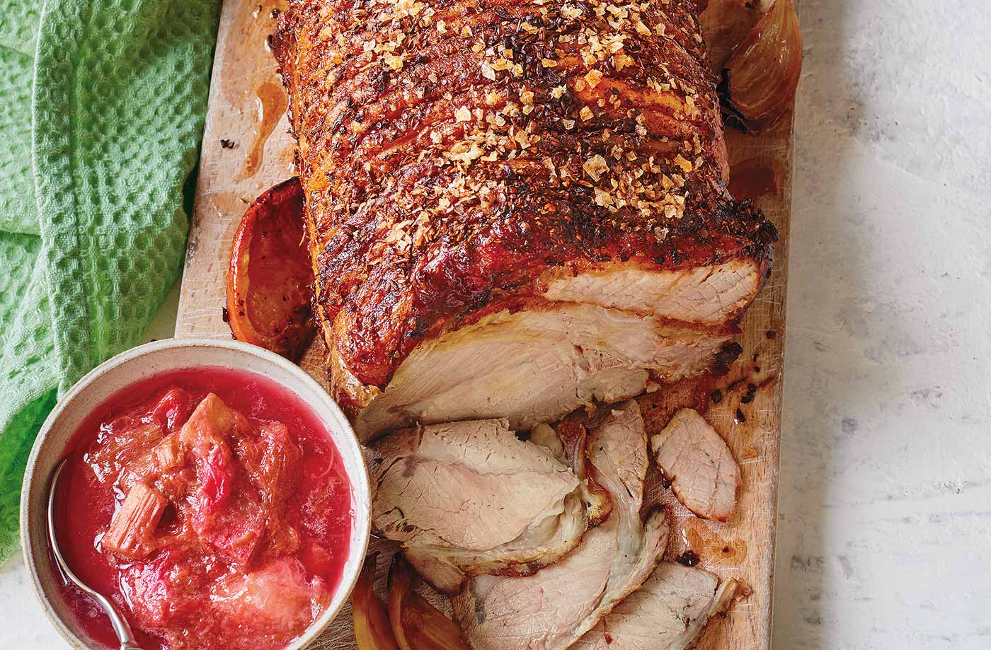 Spiced roast pork with rhubarb sauce