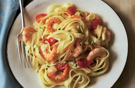 Image of "Chilli prawns with courgette and tagliatelle"